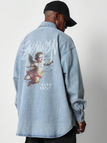 SUMWON Oversized Denim Shirt With Back Cherub Graphic Print