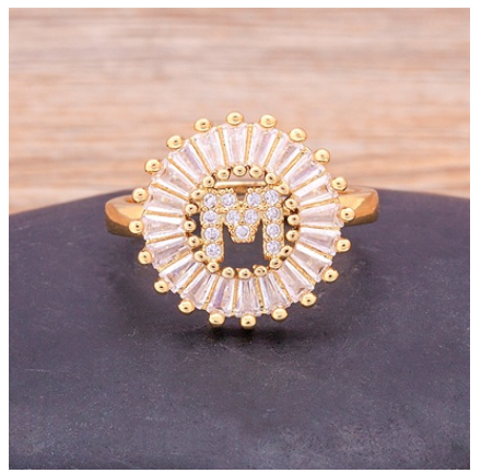 Initial 26 Alphabet Adjustable Size Gold Color Zircon A-Z Letter Ring Statement Name Jewelry M