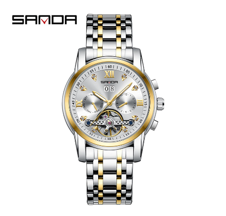Sanda Official Fully Automatic Mechanical Steel Band Watch Fashion Hollow-out Men's Luminous Swimming Watch GOLD WHITE