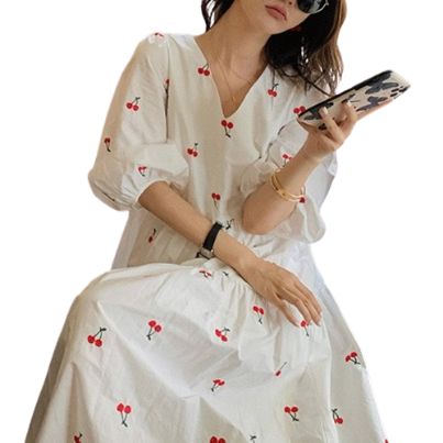 Lovito Casual Fruit Pattern V Neck Short Sleeves Midi Dress for Women LNA13079 (White)