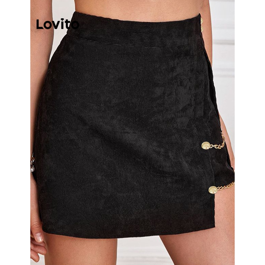 Lovito Casual Plain Split Metal Spiked Asymmetrical Skirt for Women LNE02083 (Black)