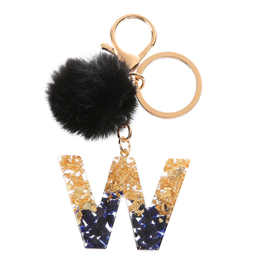 New Black Pompom 26 English Alphabet Resin With Gold Foil Keychain Charms Exquisite Letter Keyring W