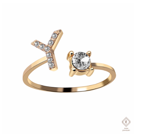 26 Letter Rings Cubic 14K Gold Promise Ring Diamond Ring Wedding 925 Silver Ring Adjustable Size Y