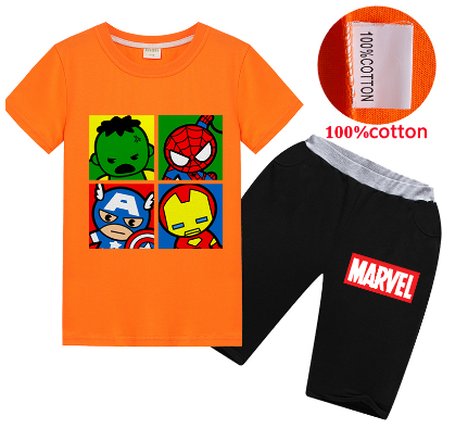 New Marvel Super Hero Children Cartoon T Shirt Shorts 2pcs Sets SpiderMan Captain America Iron Man Hulk Thor Kids Clothing Boys Girls