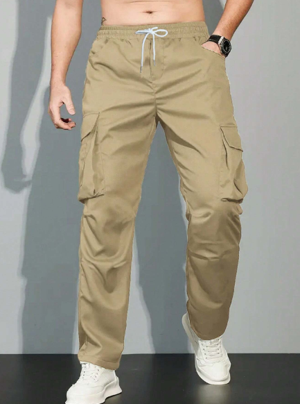Manfinity Homme Men's Solid Color Drawstring Waist Utility Pocket Straight Leg Casual Trousers