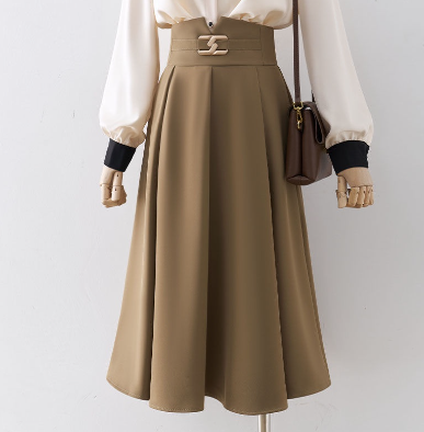 High Waist Skirt Spring and Autumn 2022 New Loose Slimming A- line Pleated Skirt Mid-Length Skirt Women's Design Sense