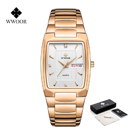 Wwoor Watch Men With Automatic Week Date Luxury Stainless Steel Gold Mens Quartz Wrist Watch WHITE DIAL ROSEGOLD CASE STRAP