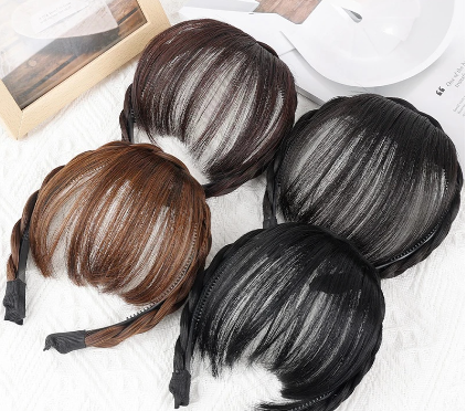 Synthetic Fake Bangs Hair Neat Fringe Bands with Double Row Braids Headband Heat Resistant Bangs In Hair Extensions Hair Pieces
