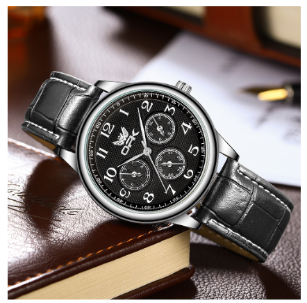 OPK Men's Stainless Steel Wrist Watch BLACK DIAL BLACK LEATHER STRAP