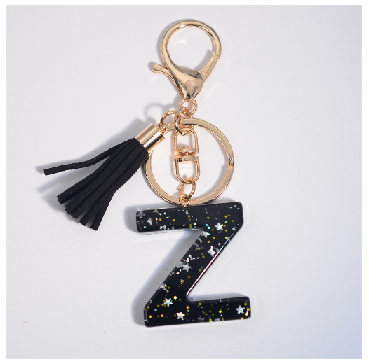 Black A-Z 26 Letter Key Chain Fashion Star Sequin Filled Initials Keyrings For Women Bag Ornaments Charm Car Key Holder Gifts Z