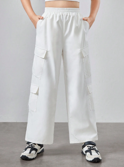 JNSQ Tween Girls Woven Solid Color Cargo Casual Loose Fit Pants