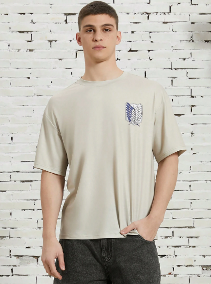 Attack on Titan | SHEIN Men Casual Loose Knit Survey Corps Logo & Mikasa Character Print Khaki Short Sleeve T-Shirt