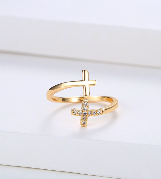 18k Gold Cubic Zirconia Cross Ring Fashion Adjustable Rings For Women Accessories