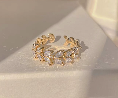 Gold plated Leaves of the Ring Zircon Adjustable Open Ring Fashion Women Jewelry Accessories