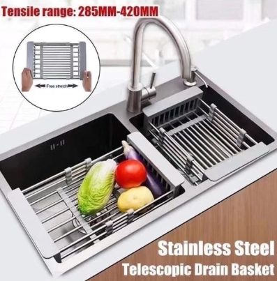 Retractable Sink Water Filter Rack Drain Basket Stainless Steel Kitchen Sink Dish Drainer Counter