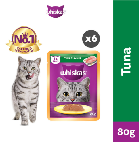 WHISKAS Adult Wet Cat Food Pouch Tuna Flavor 80g (6-Pack)