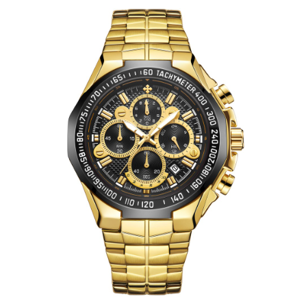 Wwoor Watch For Men Luxury Chronograph Waterproof Quartz Wristwatch Stainless Steel Watch BLACK DIAL GOLD STRAP