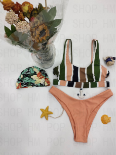 Swimsuit Women's Bikini High Waisted Tummy Control Two Piece Swimwear Padded Bra Set Stripe Print