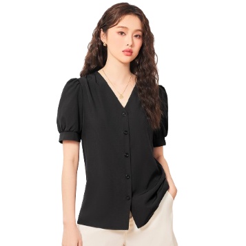 Lovito Women Casual Plain Button Blouse L70AD013 (Black)