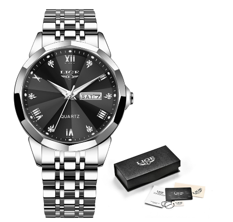 LIGE Steel Watch For Men Classics Design Full Calendar Chronograph Relo Couple Waterproof Business Wristwatch SILVER BLACK