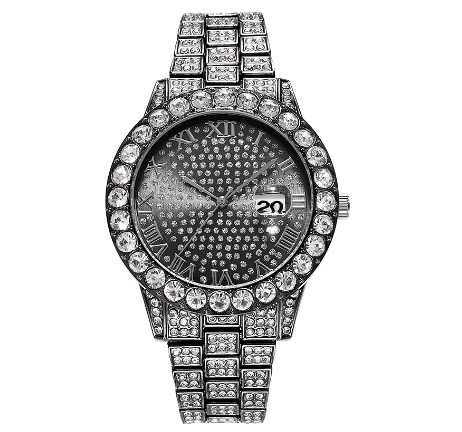 new rhinestone starry hip hop men's watch magnifying glass calendar full diamond roman scale alloy steel band watch men F11