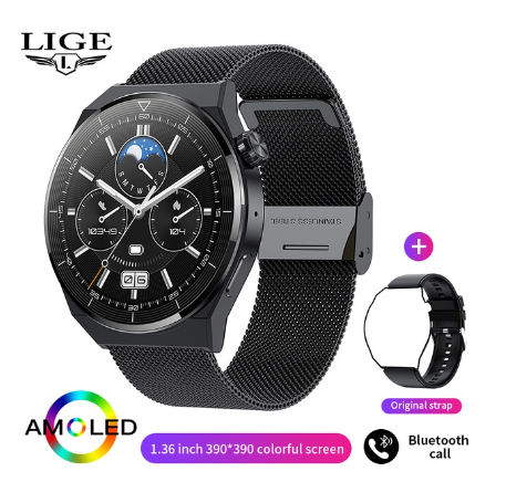 LIGE Smart Watch Men AMOLED HD Screen Heart Rate Bluetooth Call IP68 Waterproof SmartWatch For Android and Ios MESH BLACK