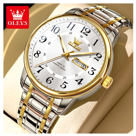Olevs Watch For Men Waterproof Original Quartz Luminous Calendar Stainless Steel Watch WHITE DIAL TWO TONE STRAP