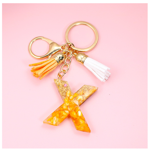 Tassel Gold Foil A-Z 26 Letter Pendent Keychain for Women Orange Resin Keyrings Girls Bag Ornamant Accessories Charms Gifts X