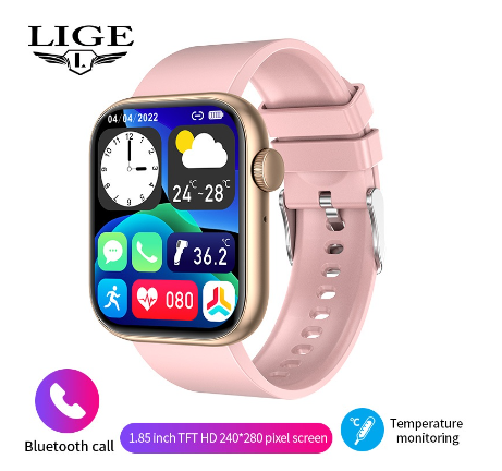 LIGE HD Screen Smart Watch 100+ Sport Modes Thermometer Fitness Health Heart Rate Monitor 1.85 inch Bluetooth Call Digital QX7 Watch SILICONE PINK