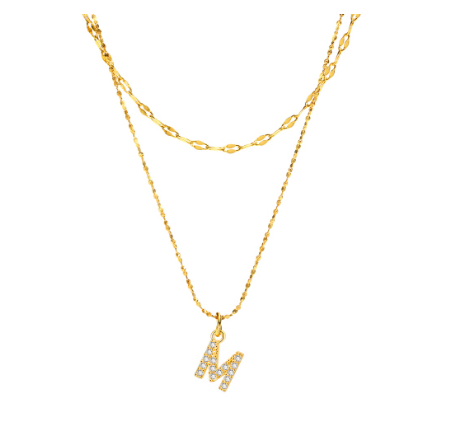 Vnox Double Layered Letter Initial Pendant Necklace,Gold Plated Shiny Zircon Alphabet Charm Necklace for Women M