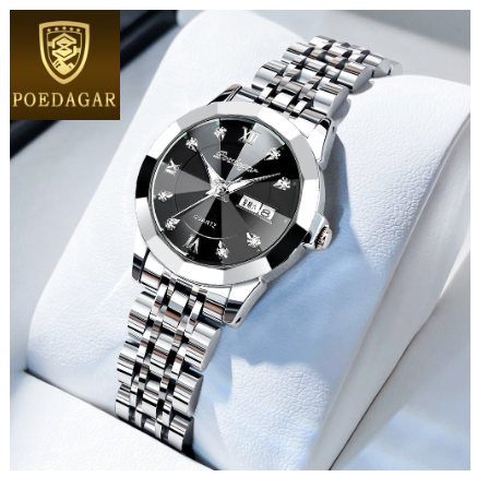 POEDAGAR luxury watch for woman waterproof 2023 sale original korean style business stainless steel luminous calendar wristwatch BLACK