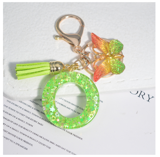 Glitter Green 26 Letter Resin Keychain Fashion Sequin Filled A-Z Alphabet Keyrings For Women Car Key Holder Accessories Souvenir O