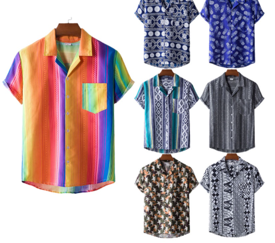 Men's Trend Retro Ethnic Printed Short Sleeve Shirt Casual Hawaii Floral Lapel Button Up Shirts With Pocket