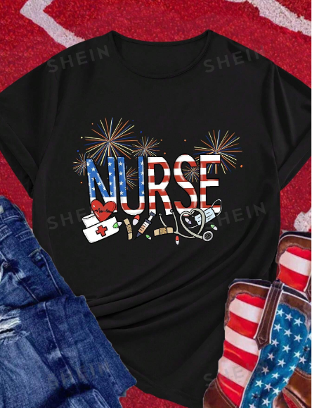 SHEIN LUNE Nurse & American Flag Print Crew Neck T-Shirt, Women's Fireworks Casual Short Sleeve Top Independence Day Graphic Tee For President's Day & July 14th & Summer & Spring, Women's Clothing