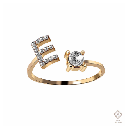 26 Letter Rings Cubic 14K Gold Promise Ring Diamond Ring Wedding 925 Silver Ring Adjustable Size E