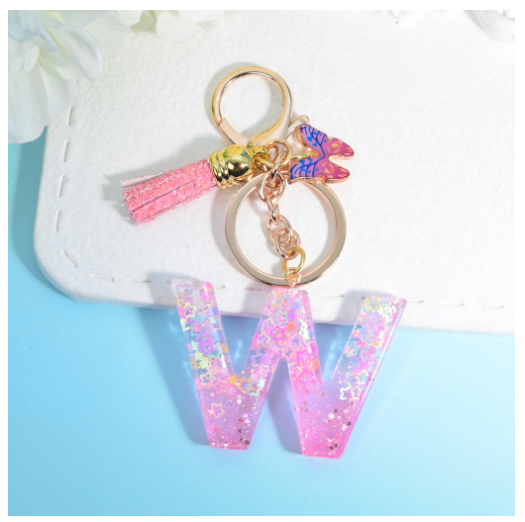 Glitter Star Sequin Filled 26 Letter Keychains With Butterfly Pendant Fashion Tassel Name Initials Key Chains Car Keyrings Gifts W