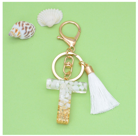 1Pc Gold Tassel Alphabet Keychain English Letter Keyring Glitter Gradient Resin Gold Leaf Crafts Car Mirror Handbag Charms T