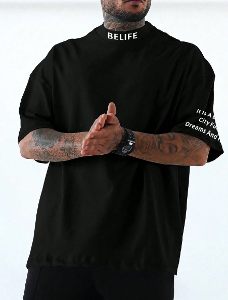 Manfinity Homme Men'S Plus Size Slogan Printed Standing Collar T-Shirt