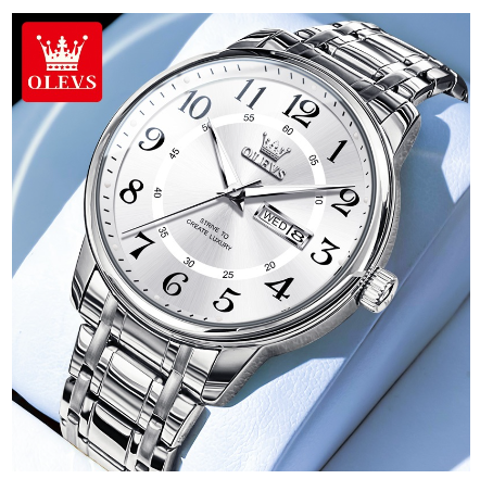 Olevs Watch For Men Waterproof Original Quartz Luminous Calendar Stainless Steel Watch WHITE DIAL SILVER STRAP