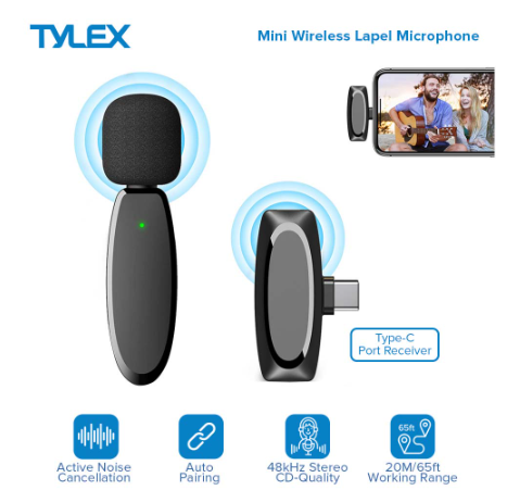Tylex Mini Wireless Lapel Microphone for video recording and livestream Active Noise Cancellation