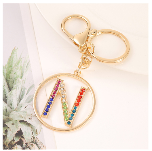 Colorful Rhinestone A-Z Letter Keychain Hollow Round Initials Alloy Keyring Bag Pendant Ornament DIY Accessories Charms Gift N