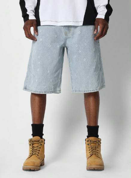 SUMWON Denim Short With All Over Embroidery Print