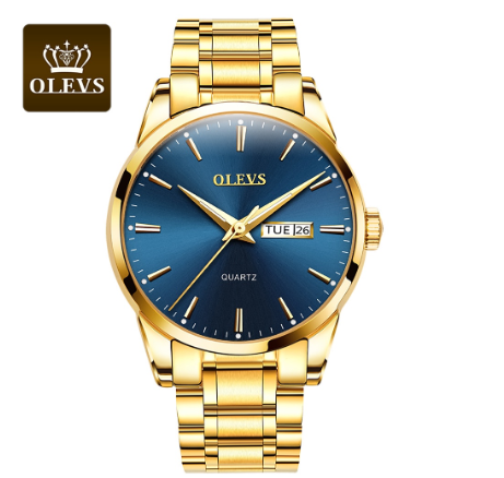 Olevs Watch For Men Original Waterproof Stainless Steel Men's Business Quartz Fashion Trend Luminous Gold Wrist Watch BLUE DIAL GOLD CASE STRAP