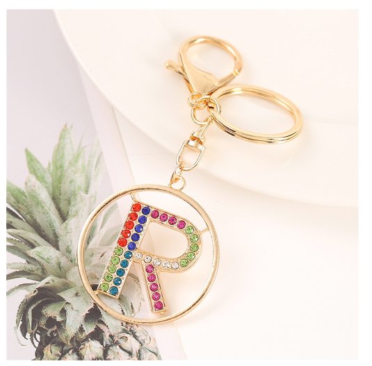 Colorful Rhinestone A-Z Letter Keychain Hollow Round Initials Alloy Keyring Bag Pendant Ornament DIY Accessories Charms Gift R