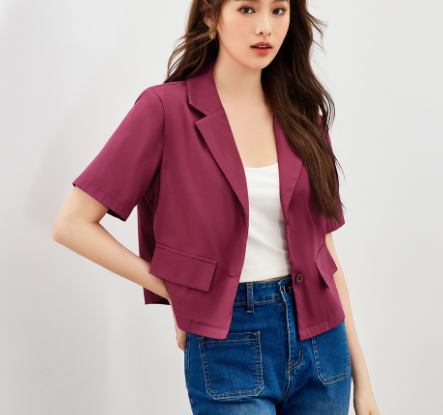 Casual Plain Shoulder Pads Button Blazer for Women (Hot Pink)
