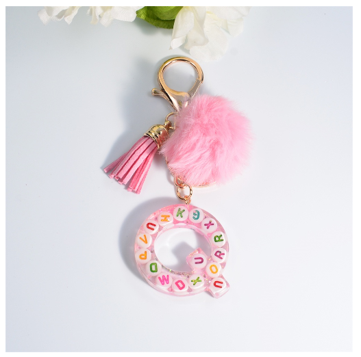 Exquisite Pink A-Z Letter Resin Keychain With Hairball 26 Initials Keyring Charms Women Bag Ornament Best Festival Gift Q