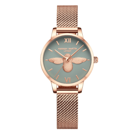 Hannah Martin Women Watches Japan Quartz Movement Watch 3D Bee Dial Stainless Steel Waterproof Wristwatch GREEN