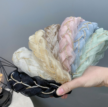 Organza Rhinestone Twist Braided Headband Three-dimensional Diamond Chain Gauze Headband Hair Accessories