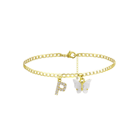 Fation Dainty Butterfly Initial Ankle Bracelets Handmade Cuban Chain White Butterfly A-Z Alphabet Letter Initial Anklets Summer Beach P