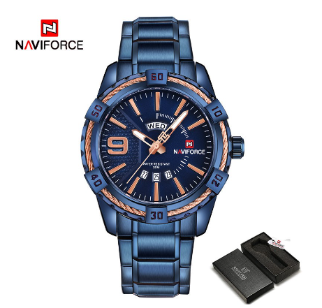 Naviforce NF9117 Men Original Brand Stainless Steel Fashion Sport Full Steel Quartz Waterproof Gold With Original Box Watch BLUE GOLD